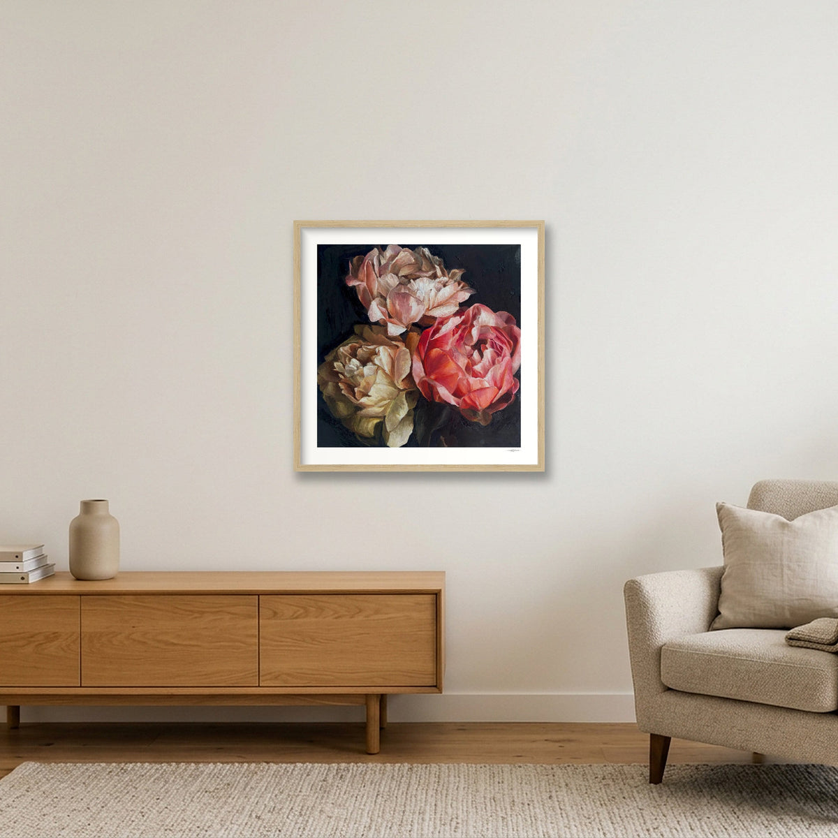Ode to Peonies print — 50×50cm, 20×20" Oak Frame