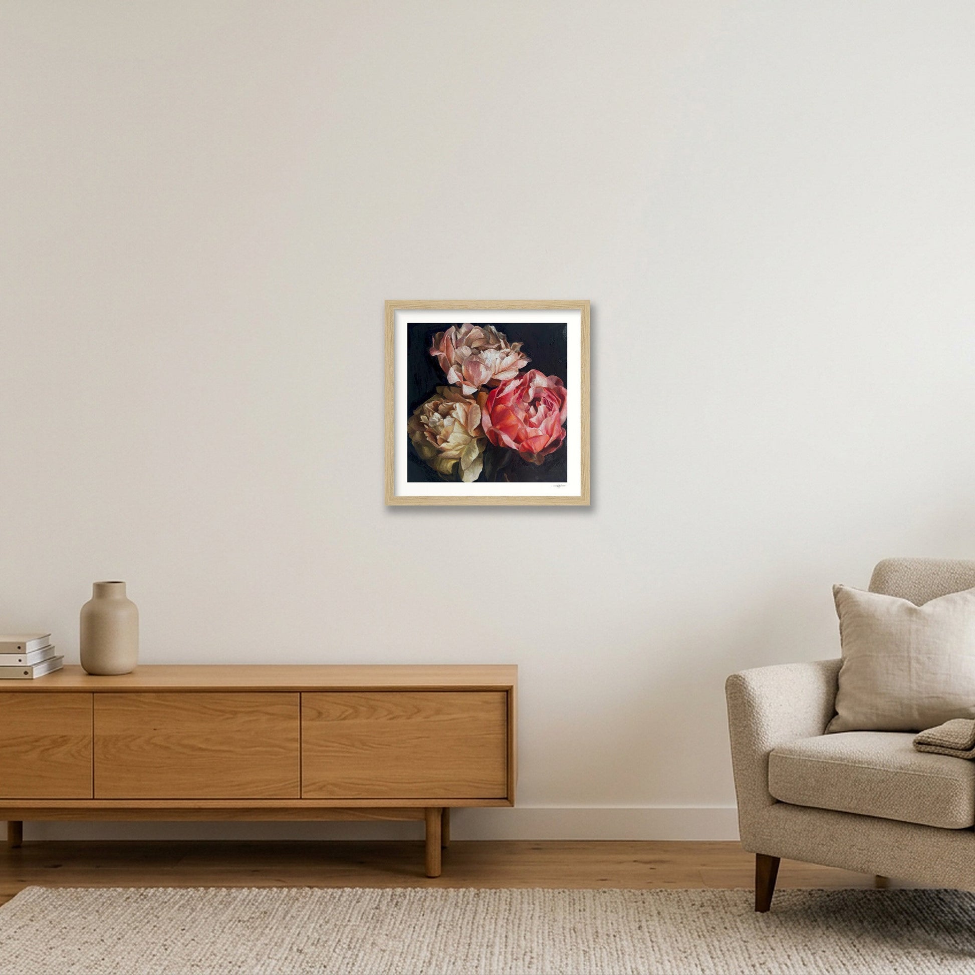 Ode to Peonies print — 30×30cm, 12×12" Oak Frame