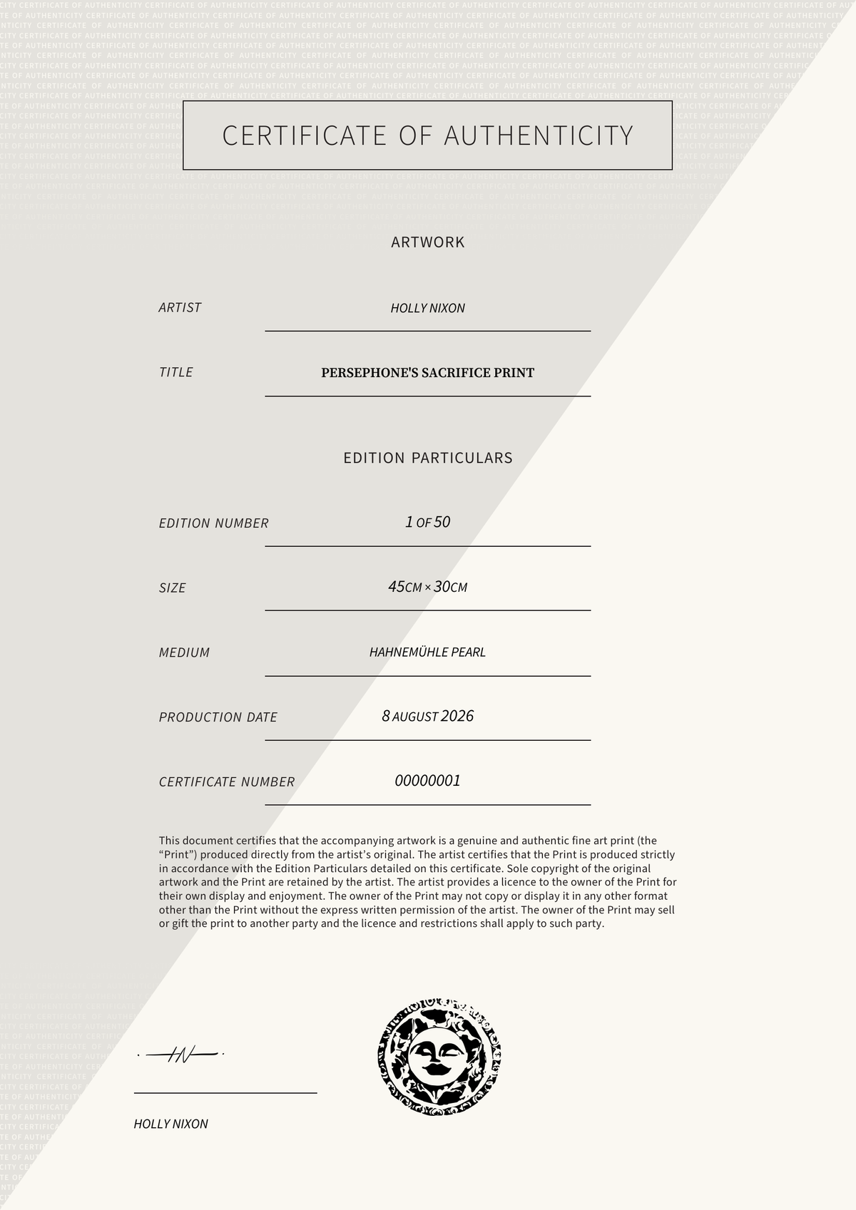 Persephone's Sacrifice print — Certificate of Authenticity