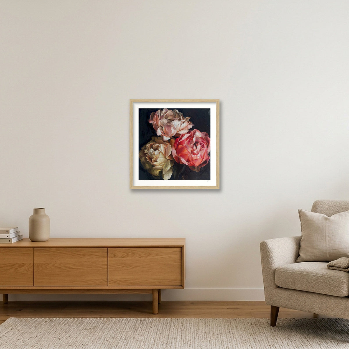 Ode to Peonies print — 40×40cm, 16×16" Oak Frame