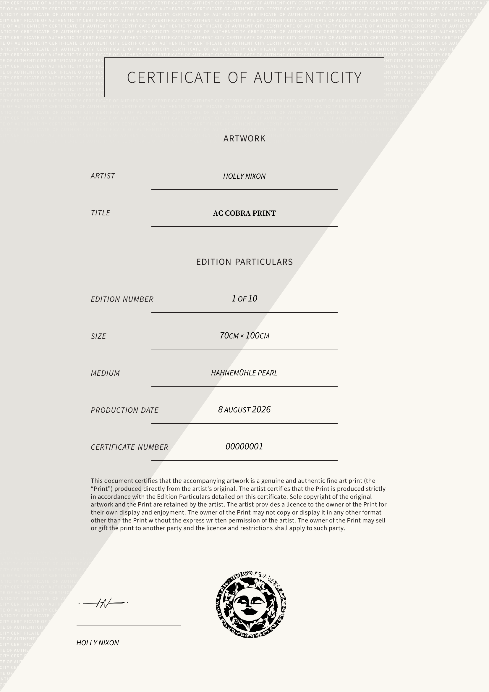 AC Cobra print — Certificate of Authenticity